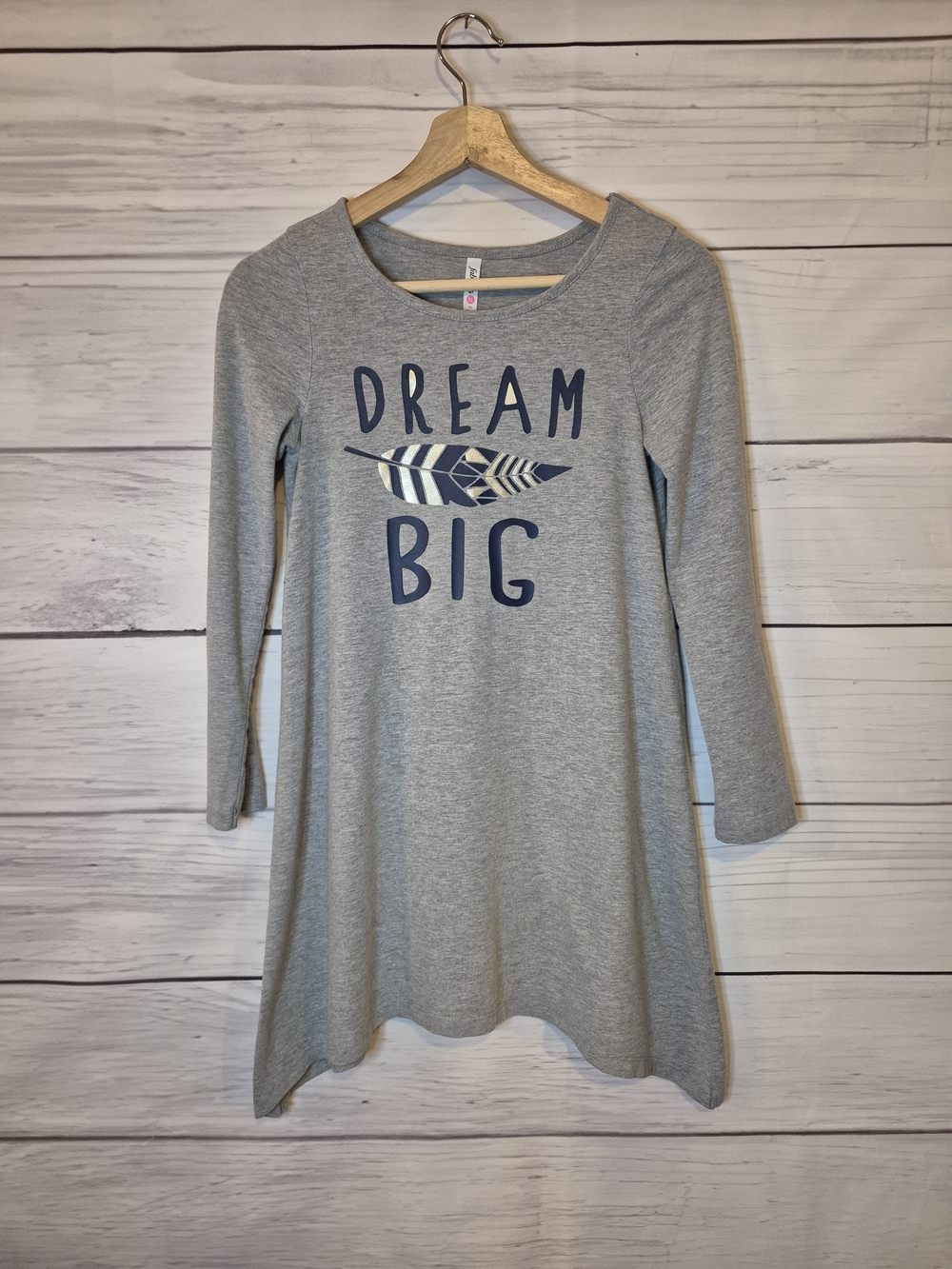 fabkids Gray and Navy Feather Graphic "Dream Big" Casual Tunic Shirt Dress 12